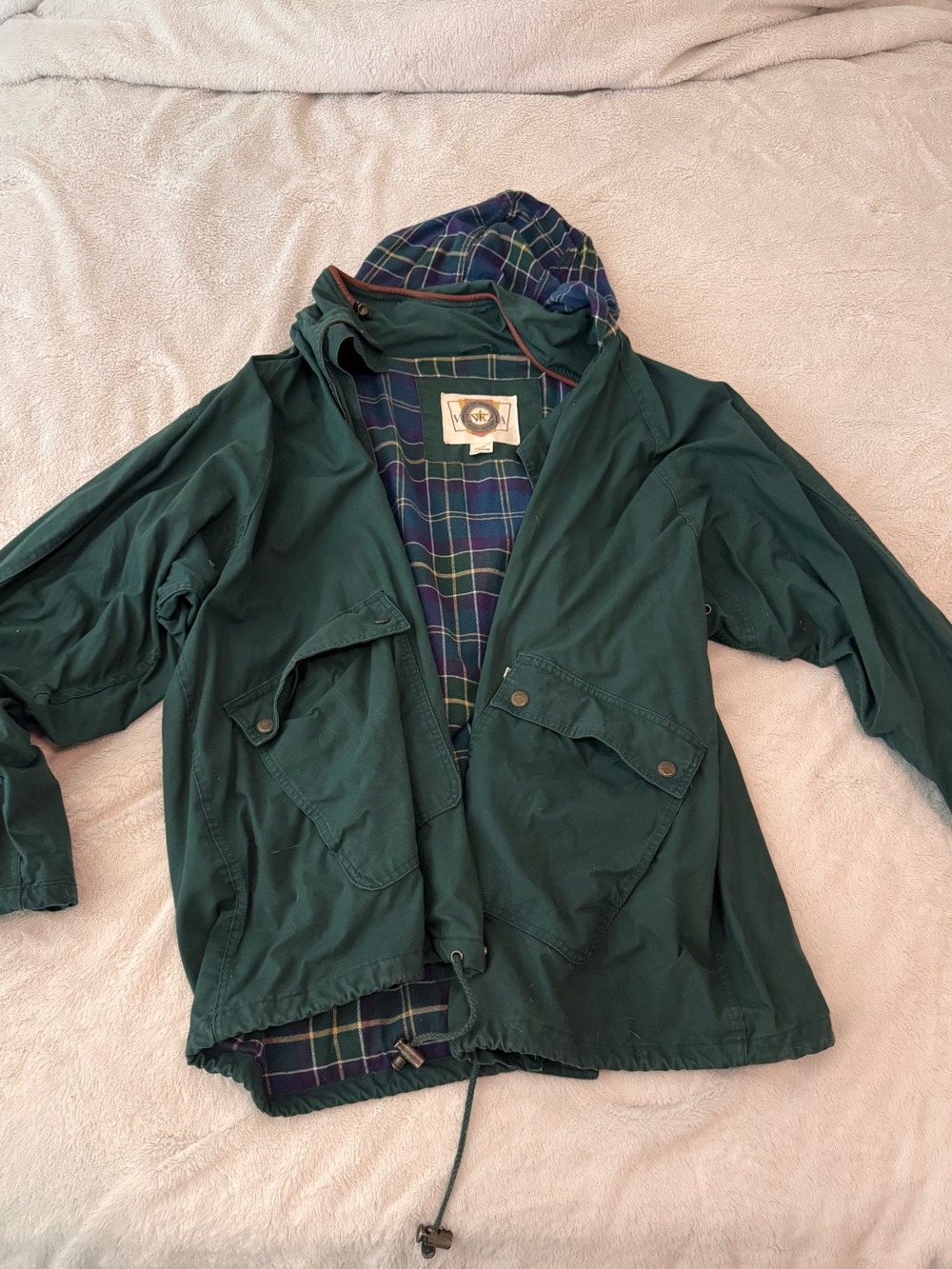 Vintage Venezia Dark Green Hooded Field Jacket with Plaid Lining